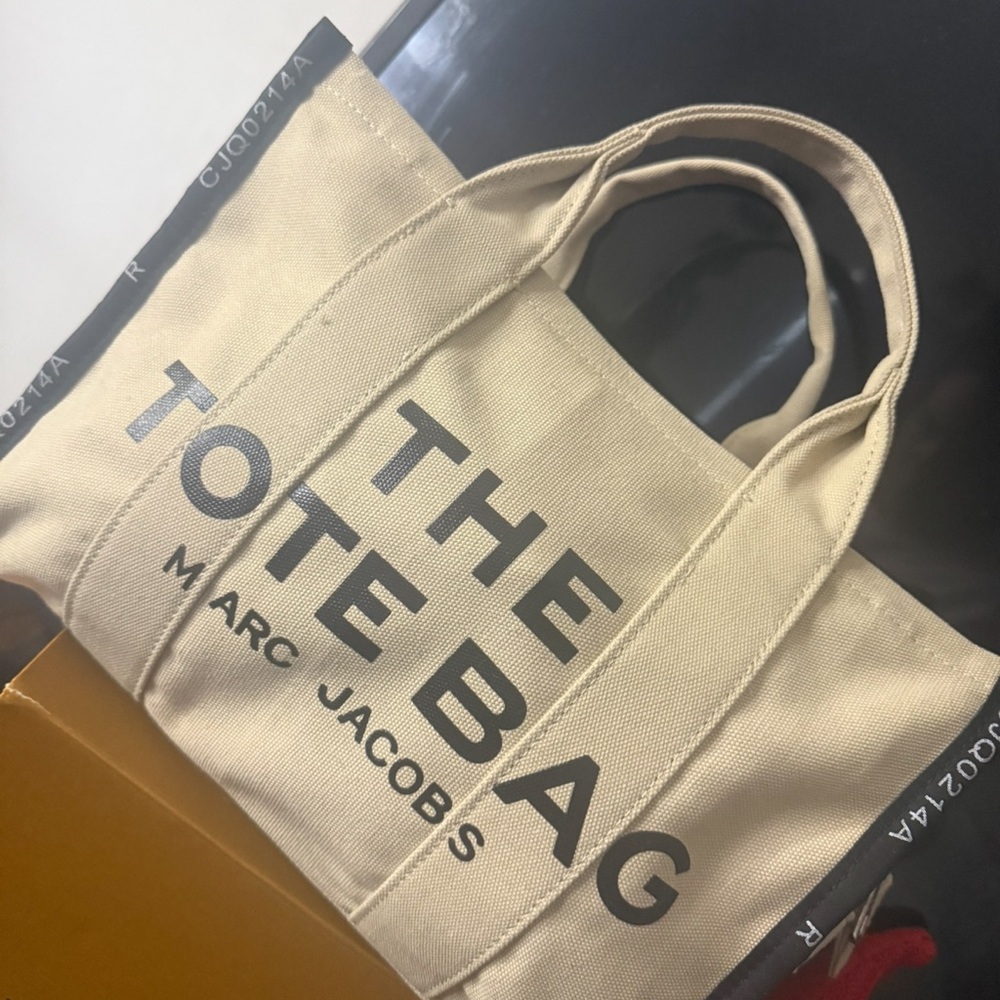 Marc Jacobs Tan Canvas Tote Bag with Bold Typography
